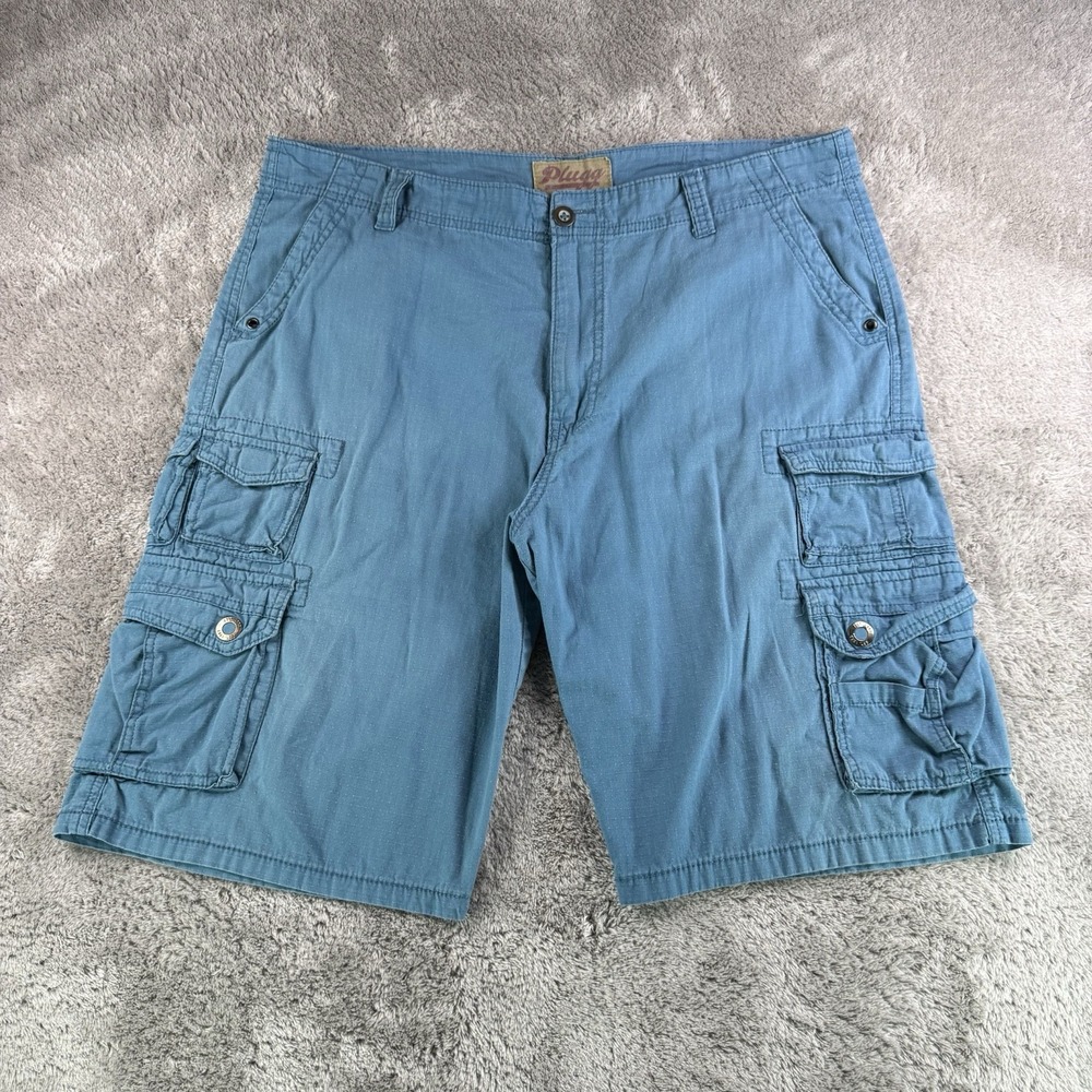 Plugg Vintage Y2K Cargo Shorts Mens 38 Blue Baggy Long Cotton Ripstop Utility